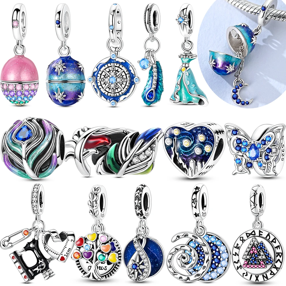925 Sterling Silver Blue Earth Compass Spiral Pendant  Charms Jewellery Fit Original 925 Bracelet Necklace For Women DIY Gift