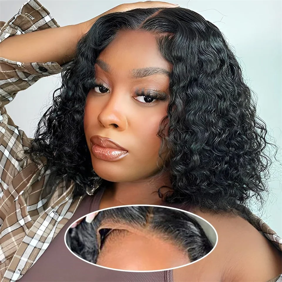 Pre Cut Lace Curly Human Hair Bob Wigs Preplucked Density180 Curly Wear And Go Glueless Wigs Human Hair Ready To Wear 10-18inch