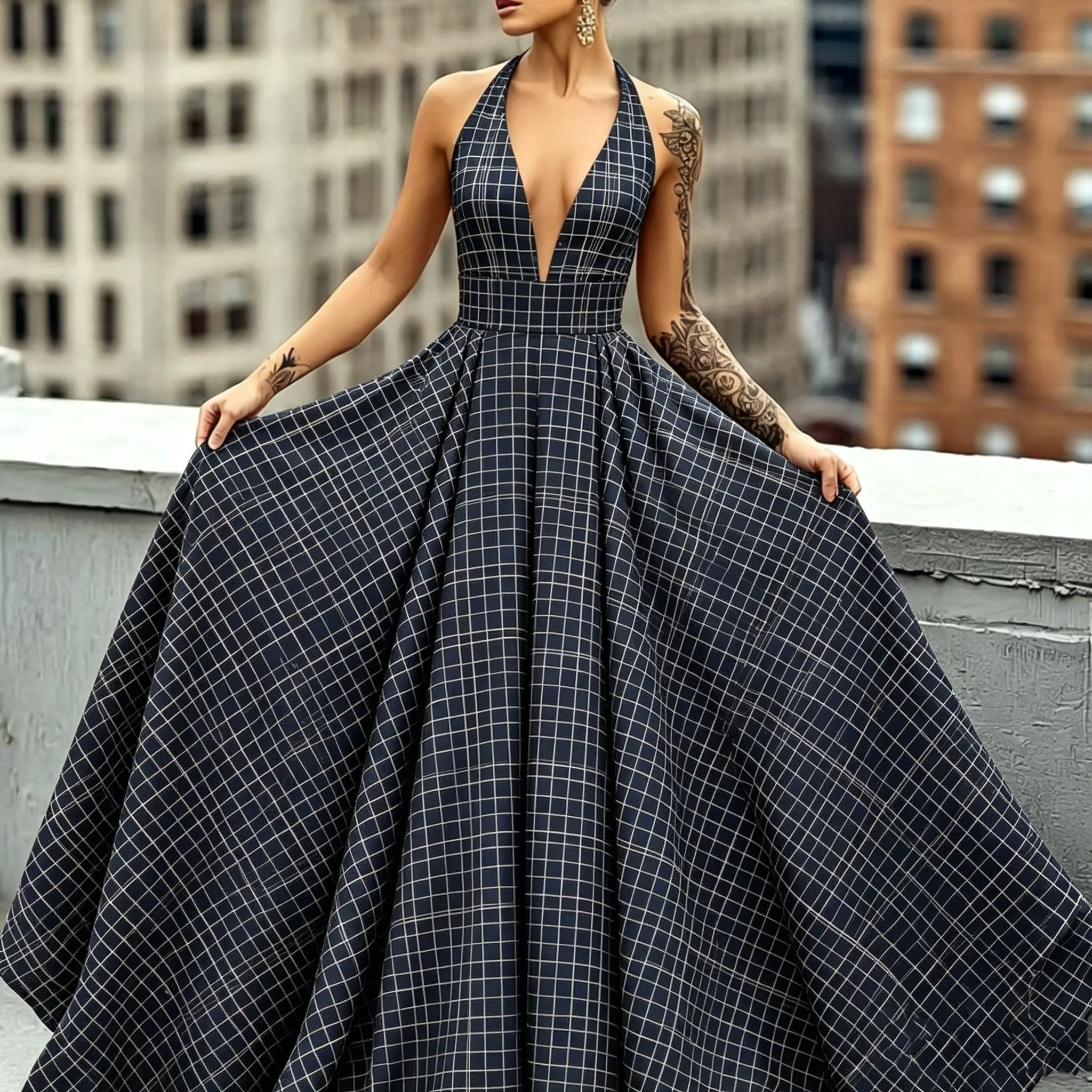 

2026 Windowpane Check Printed Dress Classic Chic Vintage Sleeveless A-Line Midi Dress Formal Casual Occasions Dresses