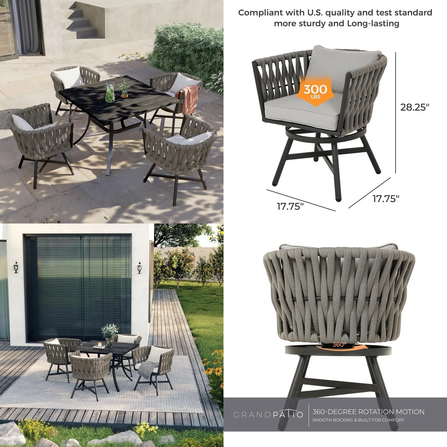 

5pc Outdoor Dining Set Swivel Rope Wicker Chairs & Square Faux Wood Table Umbrella Hole Patio 4 Person Gray Brown, Customized
