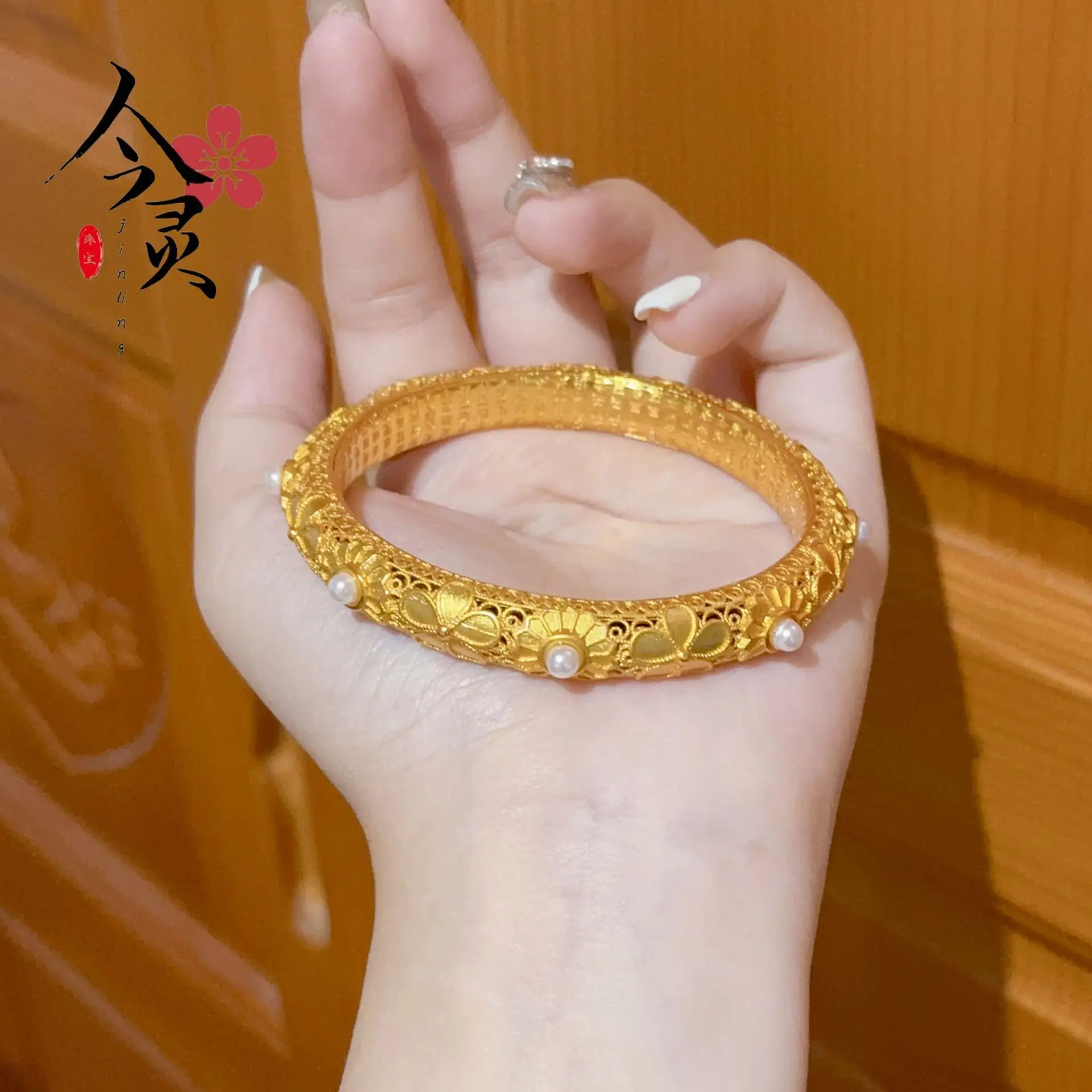 Luxury 24K 9999 Pure Gold real gold Women's Complete Micro-set Pearl Bracelet Peach Blossom Hollow Bracelet