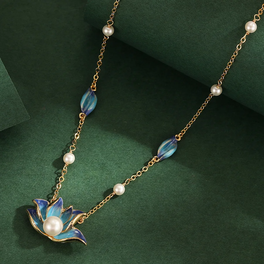 

National Fashion Temperament Enamel Glaze Blue Lotus Pearl Necklace High-end Versatile Lotus Clavicle Chain Women's Accessories