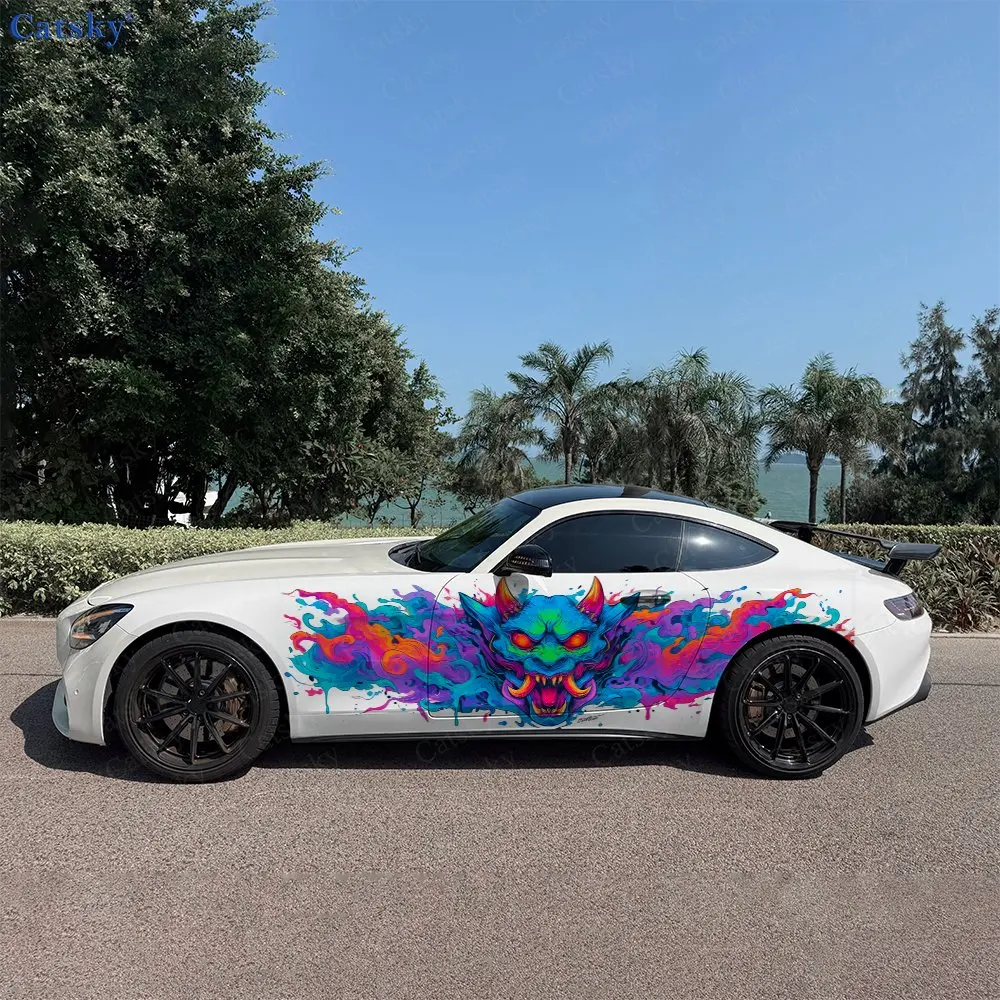 2Pcs Cyber Iridescent Fierce Face Car Side Wraps, Self-Adhesive PVC Waterproof & Scratch-Resistant Stickers, Car Accessory Gift
