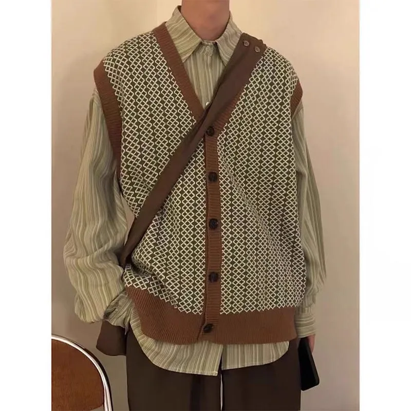 

Extra Large Knitted Sweater Vest Men's Loose Long Sve irt Retro Patchwork Jaet Casual Sle Autumn Wear Comfortable Wa...