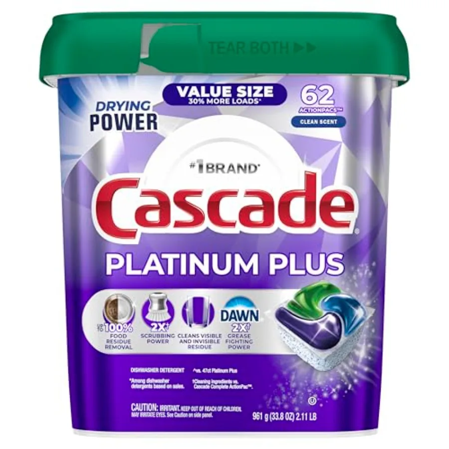 

Cascade Platinum Plus Dishwasher Pods, Dish Detergent Soap, Clean Scent, 62 Count