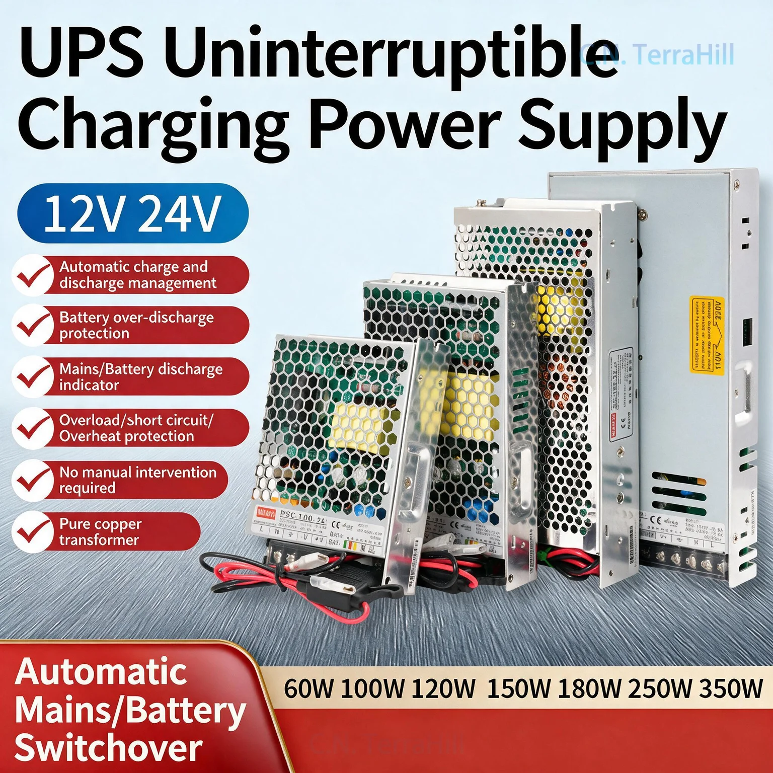 UPS Uninterruptible Power Supply Switching Charger SC120W 180W 350W 500W DC 12V 24V for Fire Alarm Security Monitoring