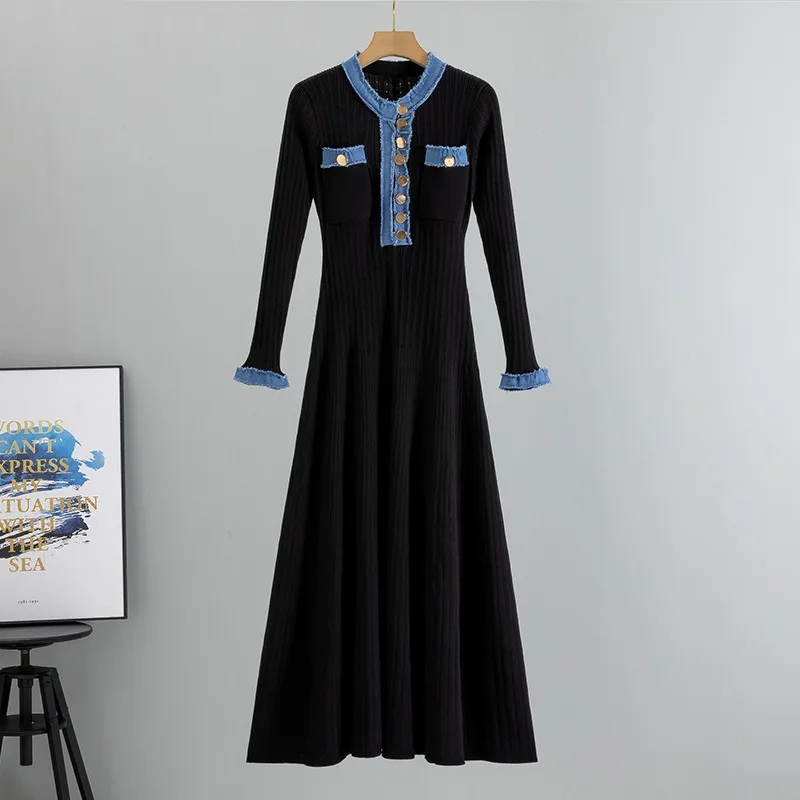 Korean Design Knitted Slim Sweater Dress Elegant New O-neck Long Sleeve A-lined Vestidos Women Casual Chic Knitwears New