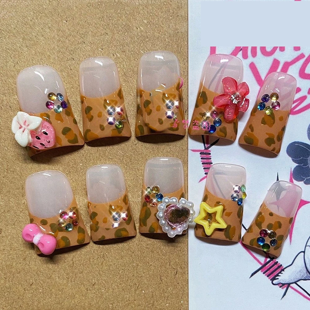 10Pcs Y2K Long Duck Square Punk Rivet Press On Nails Handmade French Leopard Print Star Lace Love Diamond Fake Nails Gift