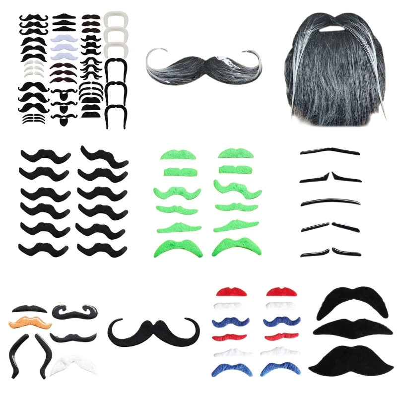 1-48Pcs Fake Beards Mustaches Set Self Adhesive Beard Mustaches Halloween Cosplay Costume Accessories for Women Men