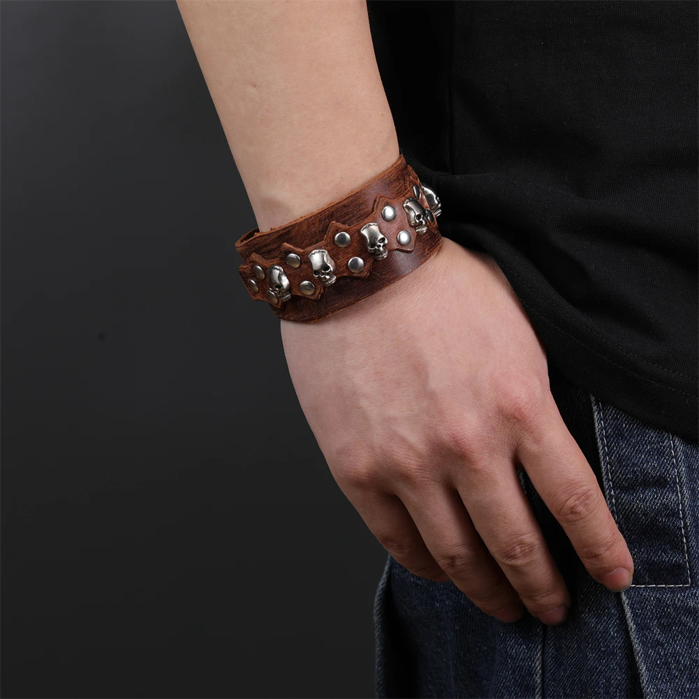 2024 Trend Jewelry Handmade Weave Genuine Leather Bracelet Men Vintage Cuff Wide Leather Bracelet Pulsera Hombre