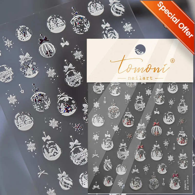 1pc 5D エンボスアクリルスノーフレークベルネイルステッカーゴールドシルバーパウダークリスマス粘着スライダーネイルステッカー