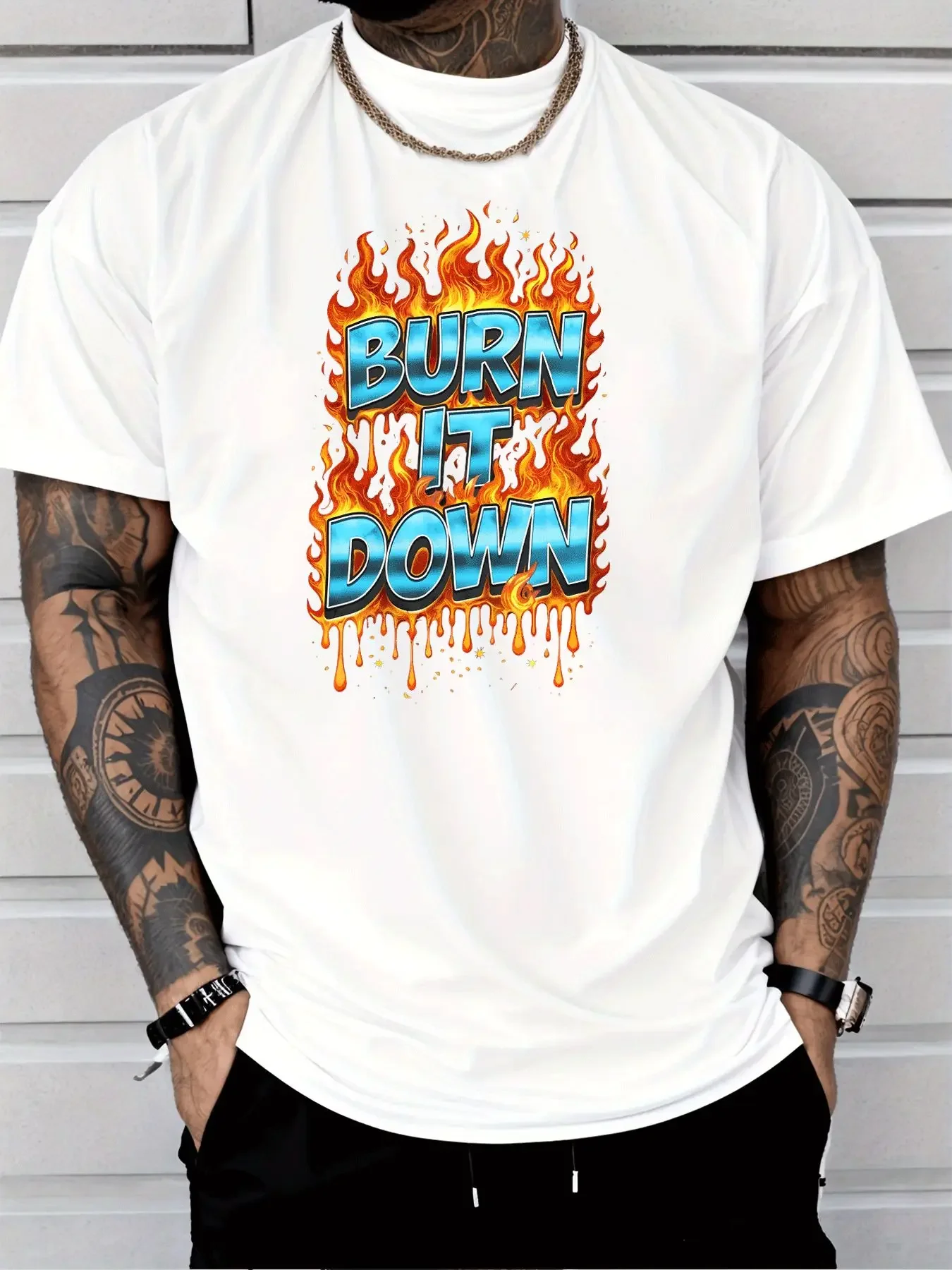Male Black Round Neck T Shirt Hot Orange Fire Drip Frame Burn It Down Glossy Blue Text Edgy Hip Hop Daily Soft Cotton Tees