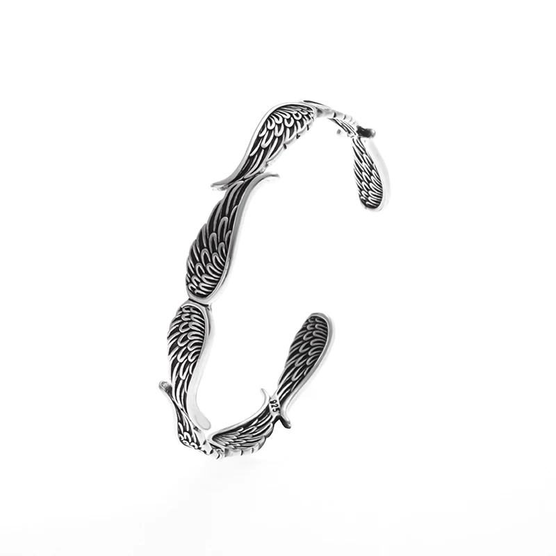 Personality Vintage Feather Silver Color Open Cuff Bracelet for Men Adjustable Bangle Jewelry Wrist Gift with wooden box - view 3