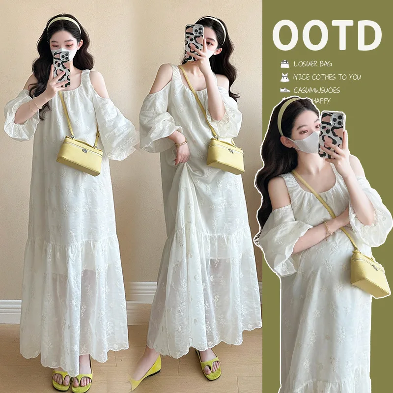 

Summer Maternity Dress French Elegant Soft Shoulder Lantern Sleeve Heavy Embroidery Ethereal Maxi Pregnancy Gown Comfortable