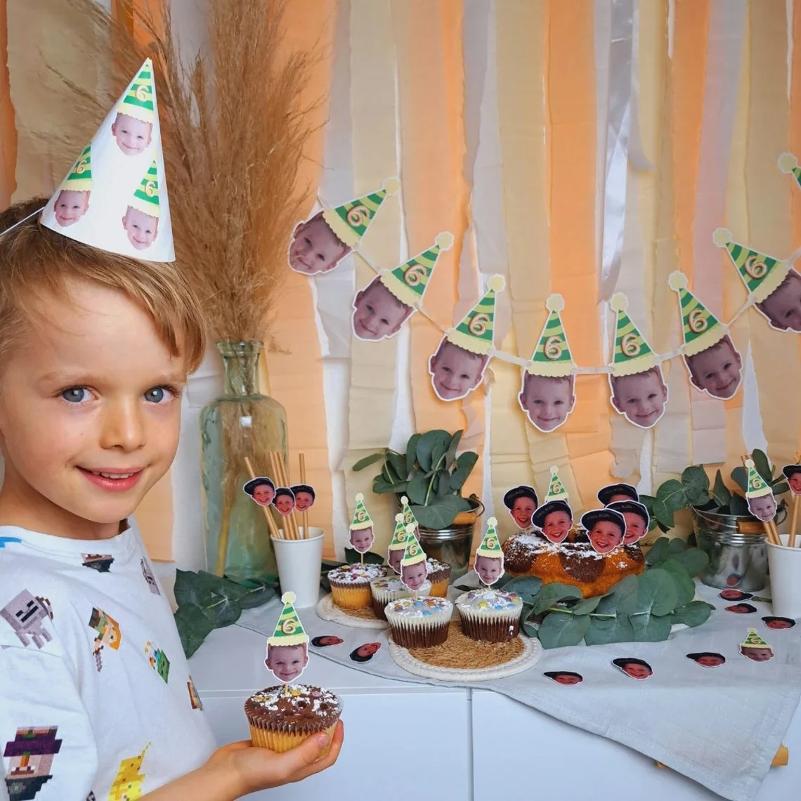 

Personalized face banner and confetti with age and party hat with priority shipping, party decoration birthday party, Let's Part