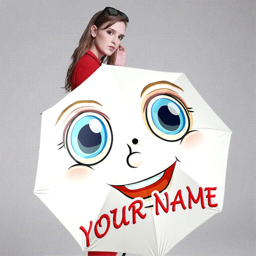 Custom Name Umbrella Cute Cartoon Face Design Umbrella - Personalized Gift Option Portable Folding Umbrella,Christmas Gift