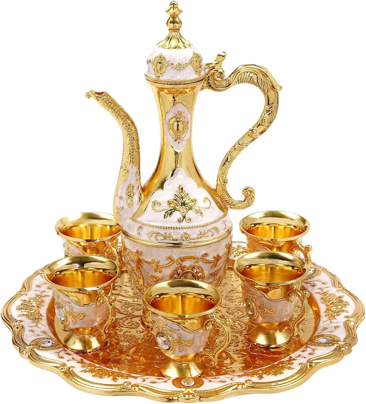 Vintage Turkish Coffee Cups Set with Pot and 6 Cups, Turkish Tea Set, Turkish Tea Glasses for Home Decor Birthday Christmas Housewarming Wedding  (Gold, White) view 3