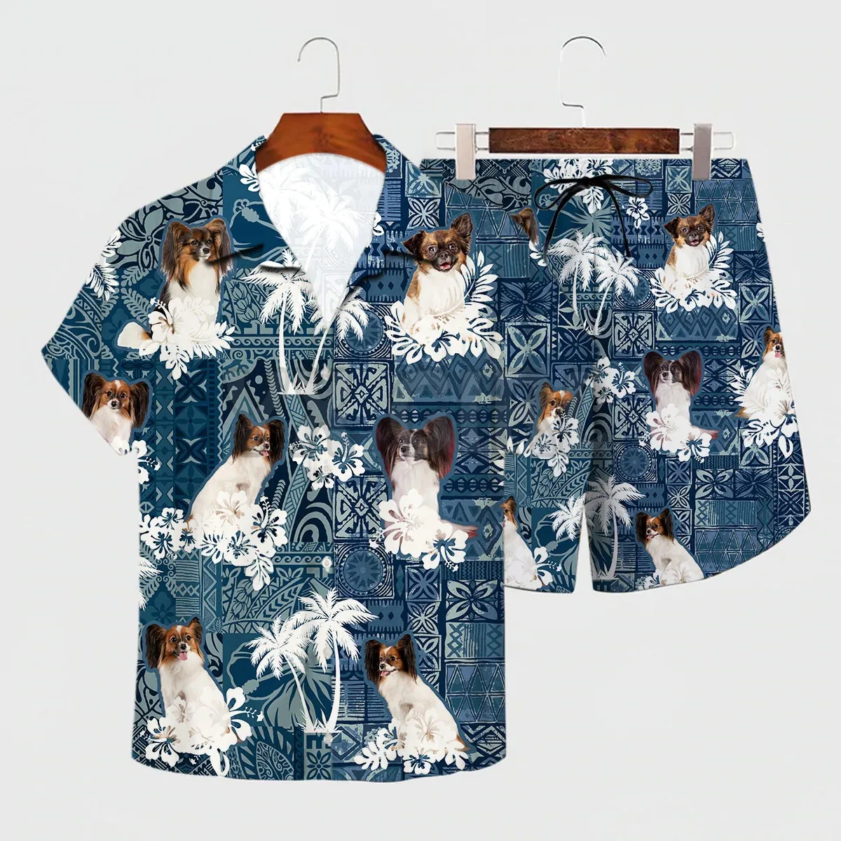 Conjunto Hawaiano de Pomerania 3D para hombre y mujer, camisa hawaiana impresa en toda la prenda, pantalones cortos de playa, ropa divertida para