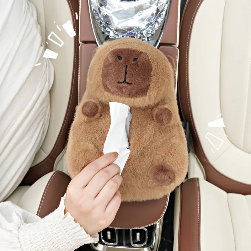 1PC Backseat Car Tissue Box, Hanging Plush Holder, Cute Capybara Design, Soft Interior Accessory, Universal Fit, Easy To Install