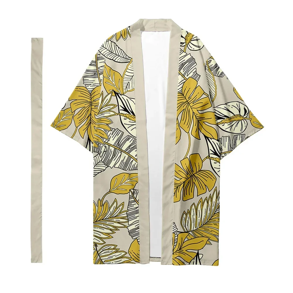 Men's Japanese Long Kimono Cardigan Fashion Samurai Clothing Kimono Tropical Plant Yukata Pattern Men's Kimono Shirt Jacket