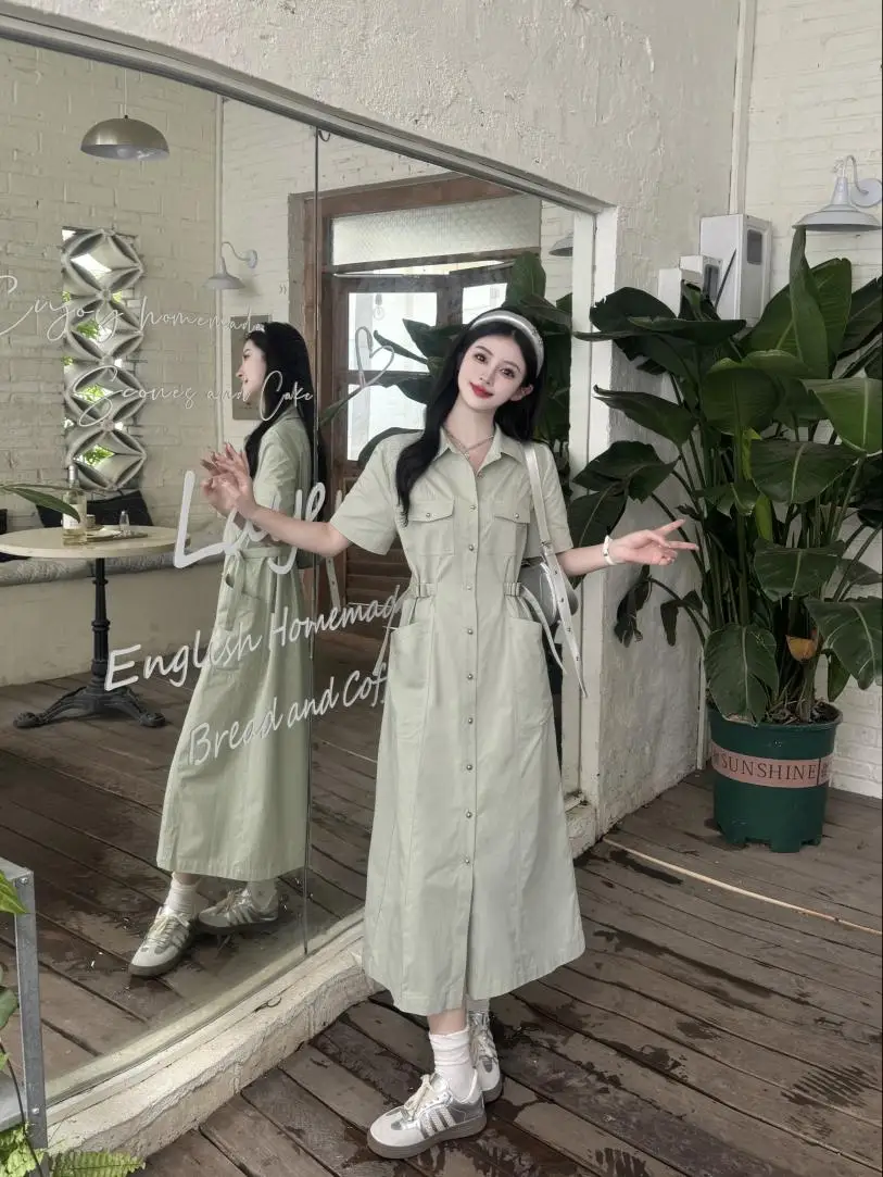 Camicia lunga da donna abiti estivi da donna colletto con risvolto manica corta di grandi dimensioni elegante Casual grigio verde abiti monopetto