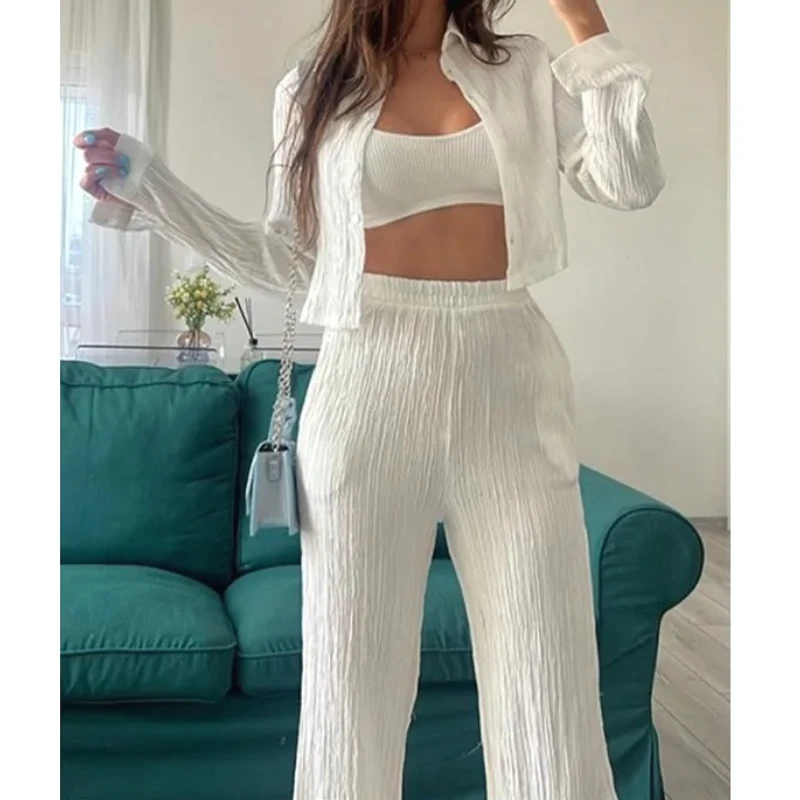 

Pants Sets Women Tracksuit Matching Sets Wide Leg Pants High Waist Two Piece Set Cardigan Blouses Loose Y2k Pockets Button
