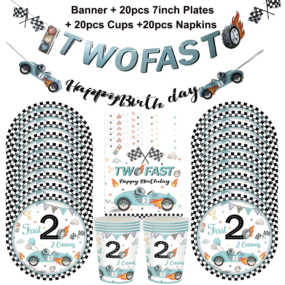 Racing Party Supplies Paper Tableware Plates Cups Two Fast Birthday Banner 2th Birthday Number Balloon Set Race Car Party Decors - view 3