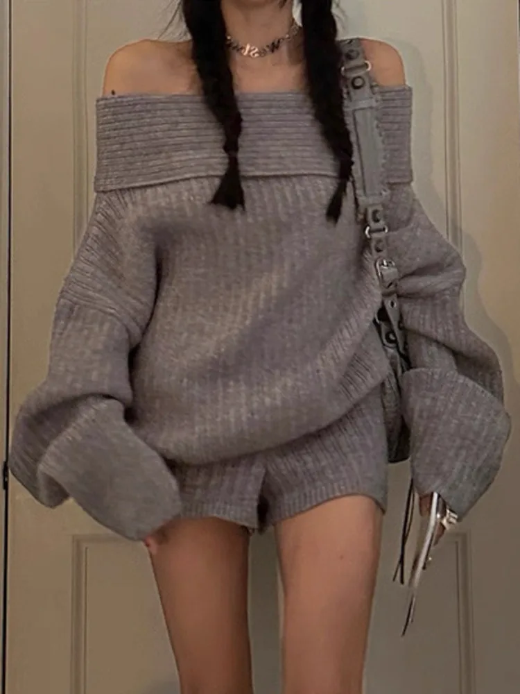 ZMEENNA Casual tweedelige grijze gebreide damesset met off-shoulder trui met lange mouwen en shorts met hoge taille ZM3673