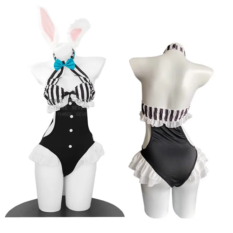 Лолита девушка полый полосатый клетчатый комбинезон пижамы Алиса косплей домашняя одежда кролик девушка костюм с открытой талией боди 2025
