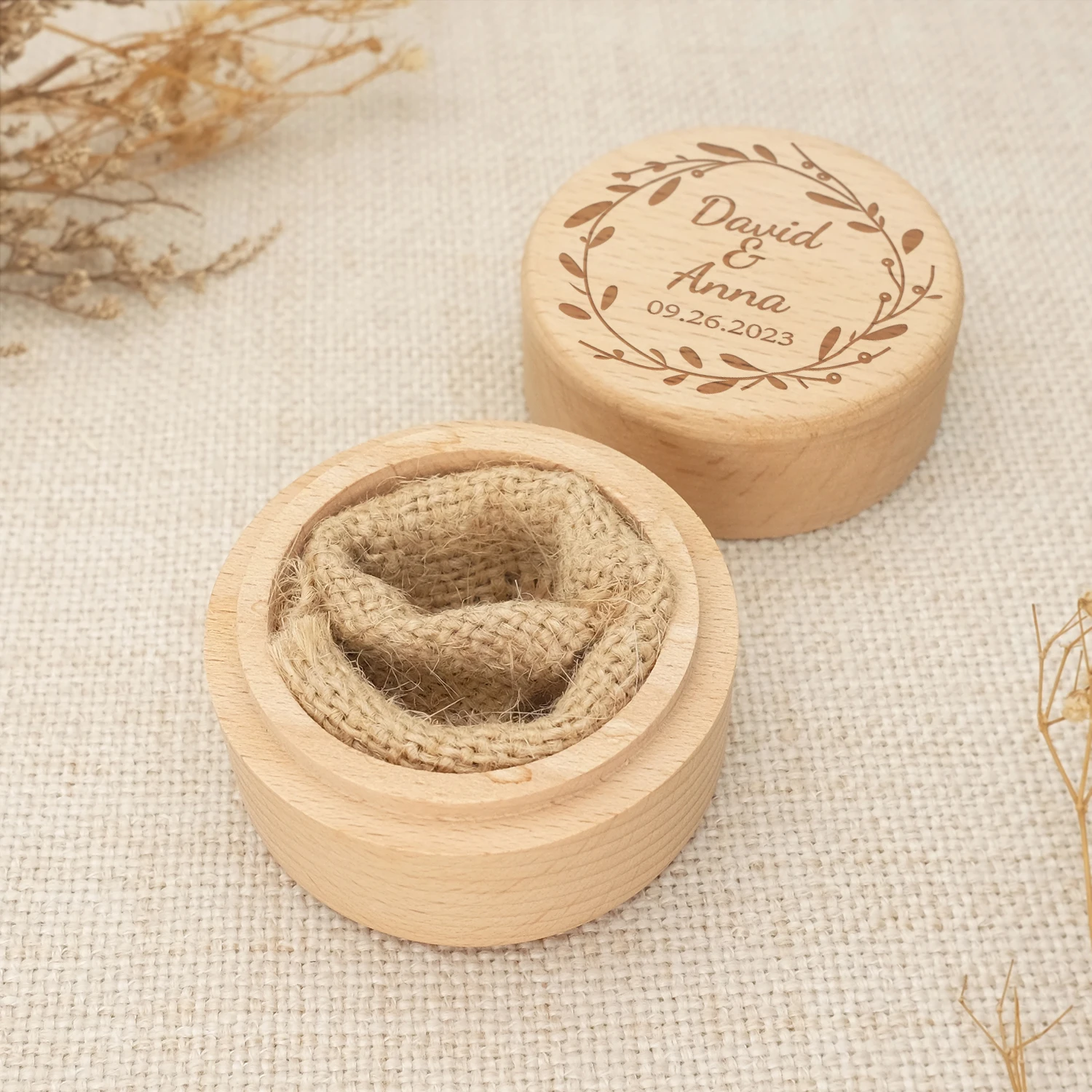 Personalized Wedding Ring  Box With Engraved Name and Date,Rustic Wooden Ring Holder with Mountain and Leafs Design