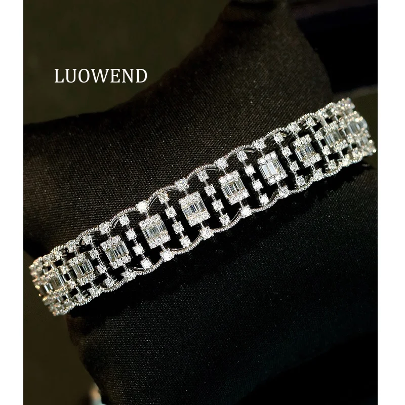 LUOWEND 100% 18K White Gold Bangle Women Luxury Lace Style 2.50carat Real Natural Diamond Bangle Wedding High Party Jewelry