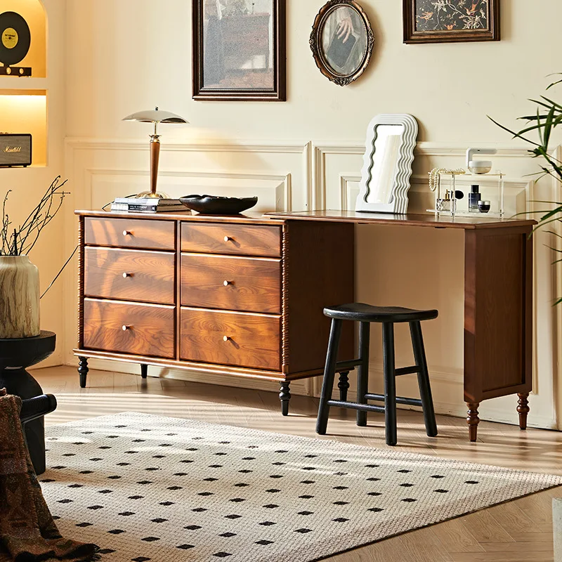 French retro solid wood chest dressing table, antique household bedside retractable multi-functional storage makeup table