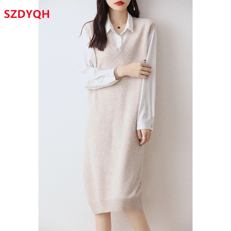 Hot Sale Autumn Winter New Women Dresses Sleeveless Long Sweater Waistcoat 100% Pure Wool Knit Pullover Lady Loose Warm Vest