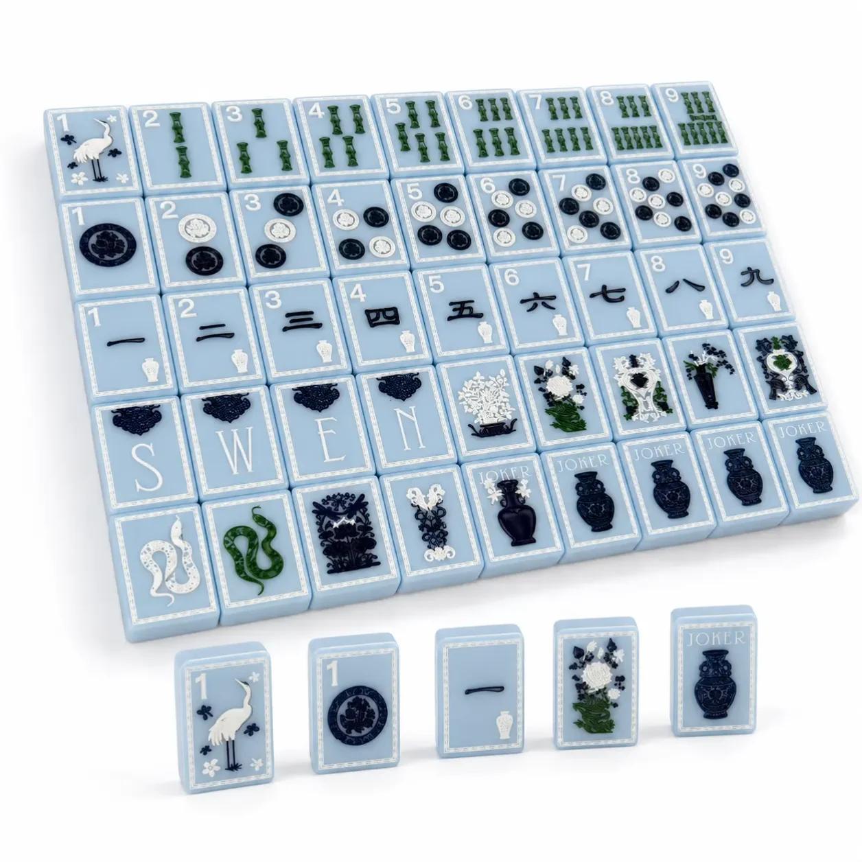 Juego de Mahjong americano con temática de porcelana china azul y blanca, 160 piezas, azulejos de Mahjong de acrílico azul claro, regalo navideño