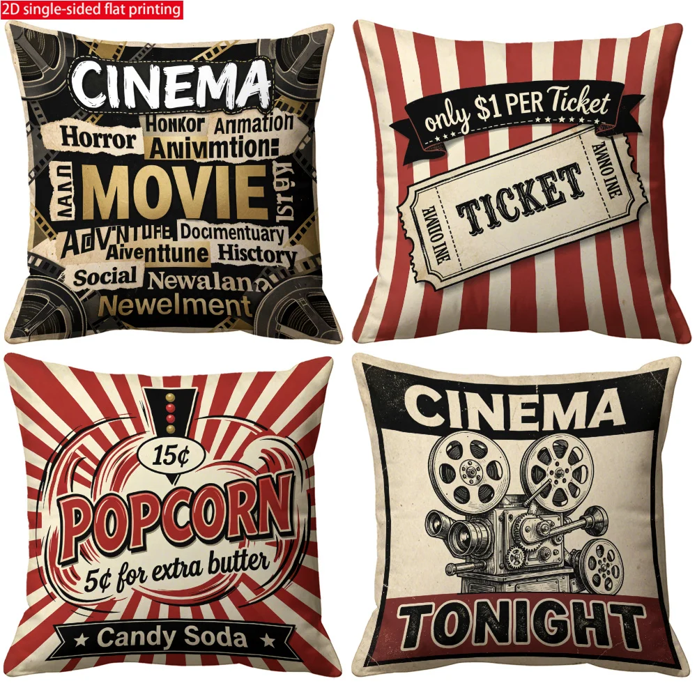 4pcs Vintage Movie Night Cinema Pillow Covers Set Popcorn Theater Deco Cushion Pillowcase 45x45cm Home Decor