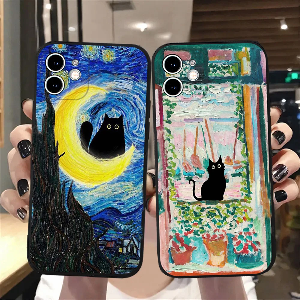 Retro Oil Painting Van-Gogh Black Cat Phone Case for iPhone 15 14 13 12 11 Pro Max Mini 7 8 Plus SE X XS XR Silicone Art Covers
