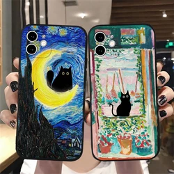 Retro Oil Painting Van-Gogh Black Cat Phone Case for iPhone 15 14 13 12 11 Pro Max Mini 7 8 Plus SE X XS XR Silicone Art Covers