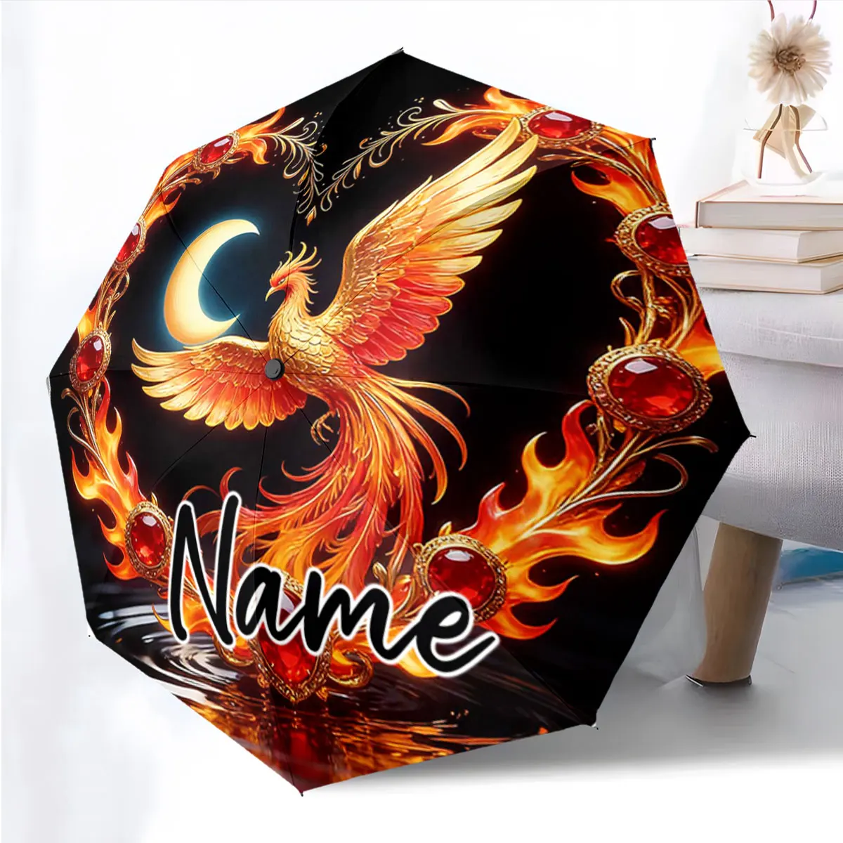 Custom Name Phoenix Umbrella with Fiery and Moonlit Design Print 8 Iron Ribs Folding Umbrella Auto-Open Fashion Sunshade
