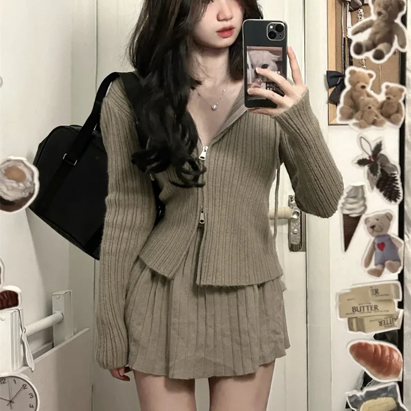 Hoodie Korean Fashion Two Piece Set Women Solid Sweet Vintage Mini Skirt Suit Female Knitted Tops + Causal Pleated Skirt 2023