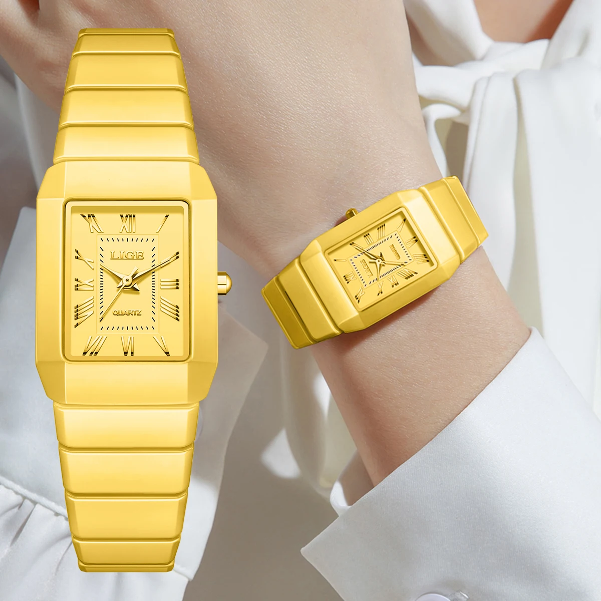 

LIGE Fashion Elegant Women Watch Square Ceramic Quartz Ladies Wristwatch Luxury Waterproof Ceramic Strap Women's Casual Watch
