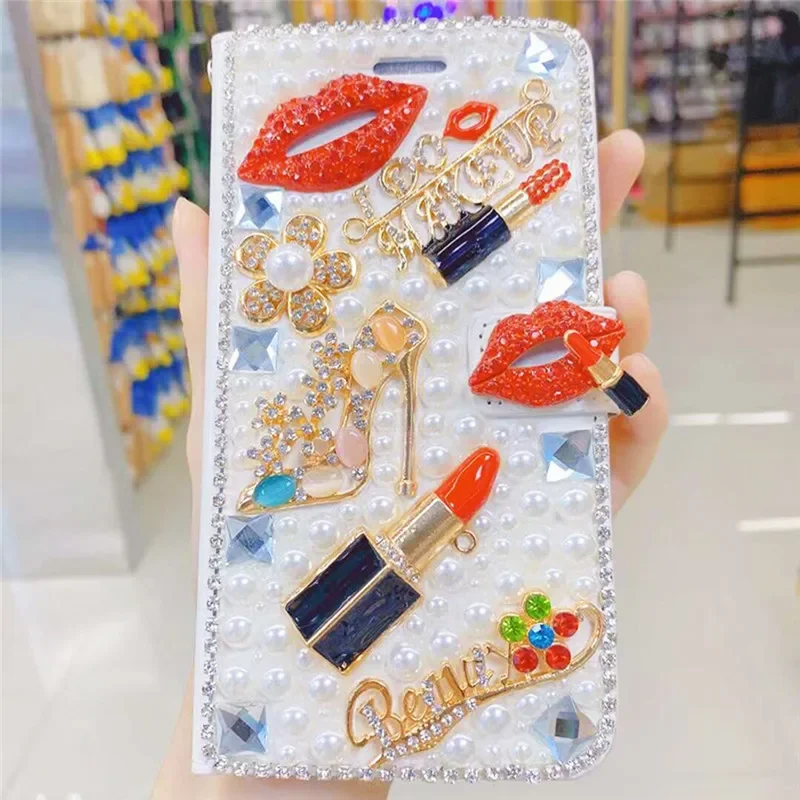 

Luxury Crystal Rhinestone Wallet Leather Diamond Phone Case for iPhone 16 Pro 15pro max 15 PLUS 15 Pearl Flower Lipstick Cover