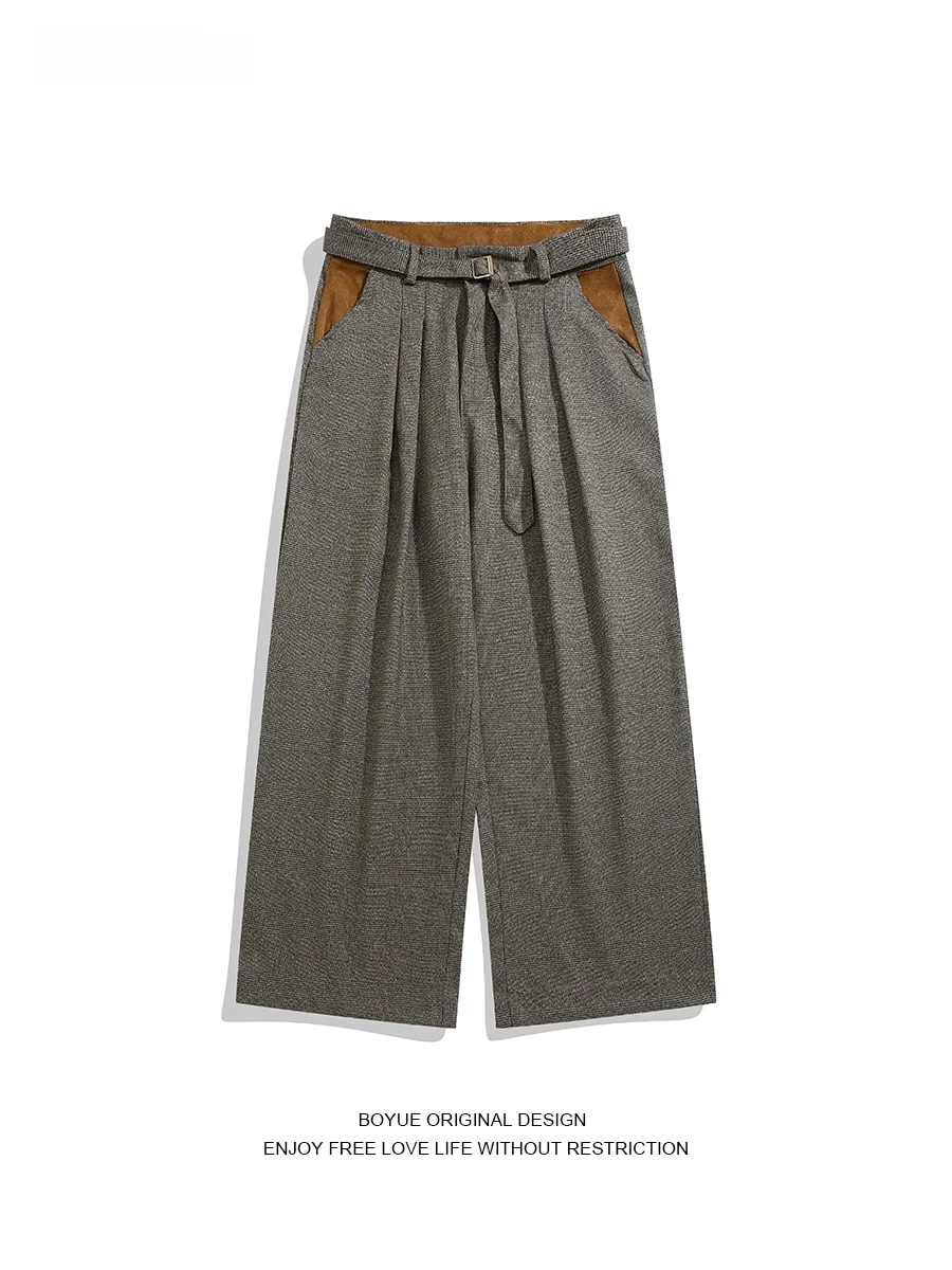 

Boyue Suede Wide Leg Pants ex Youth Casual Faion Belt Design Splicing Long Trousers Autumn Season Pure Color Polyester ...