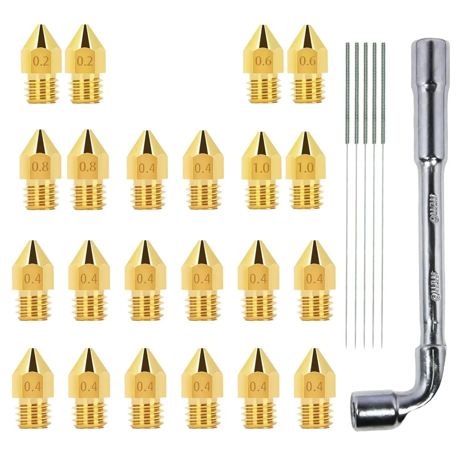 

MK8 Nozzles 22 pcs 3D Printer Brass Nozzles 0.2mm, 0.4mm,0.6mm, 0.8mm, 1.0mm CR-10 Nozzle with DIY Tools