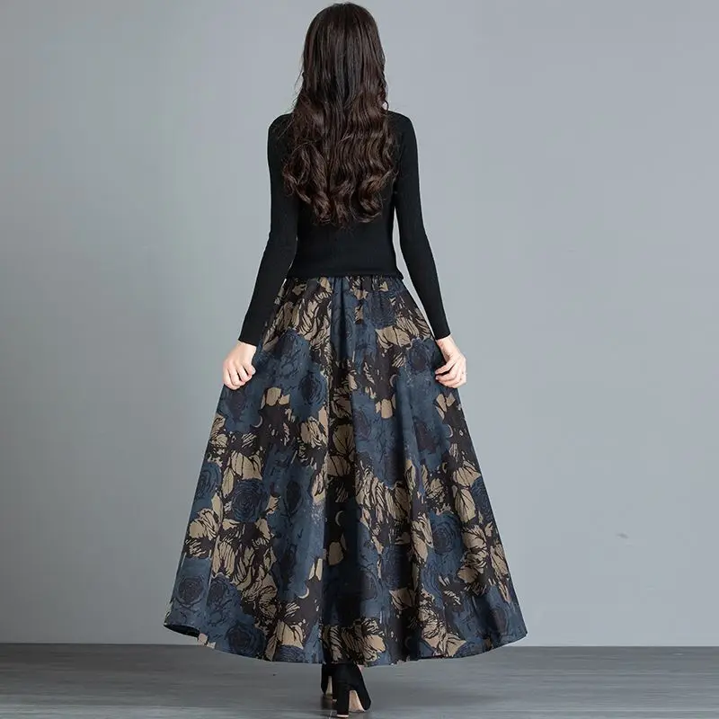 Autumn Women Clothing New Pocket Skirt High Waist Vintage Floral Printing Elastic Waist Chinese Style Luxury Paisley Midi Skirts