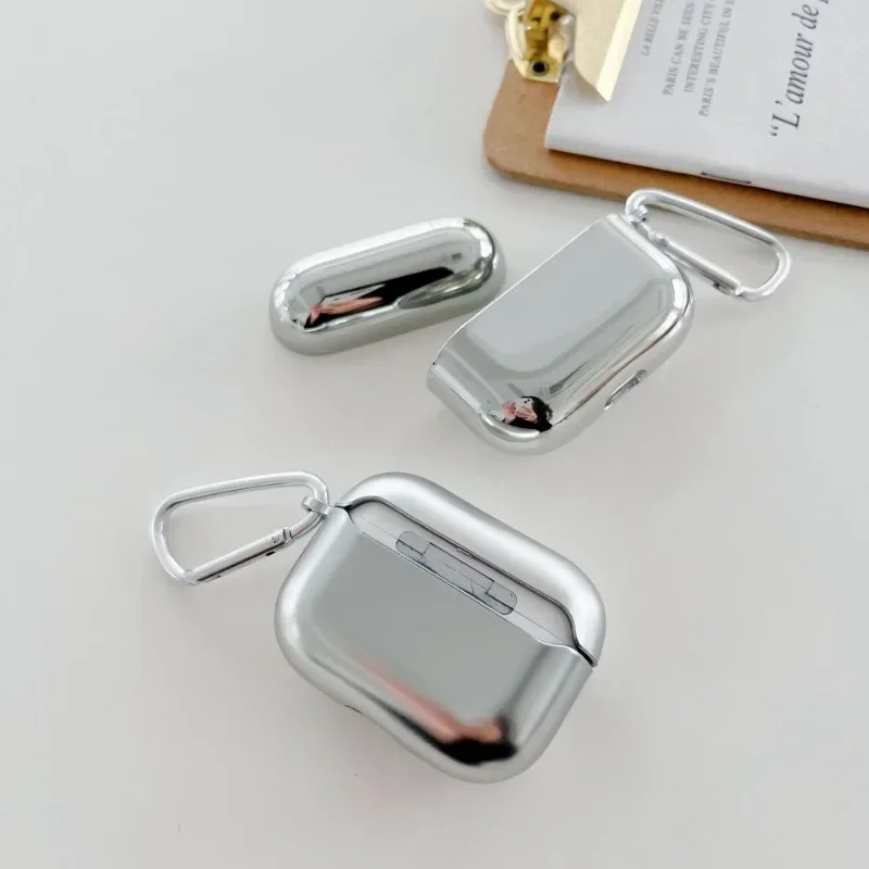 Silver Electroplate Airpods Case with Keychain Protective Metal Cover for Apple Airpods 1 2 3 pro