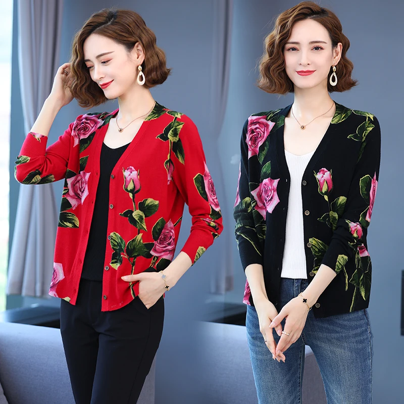 2023 Spring Lady's Floral Printed Cardigan Long Sleeve Knitwear Female Rose Flowers Sweater Coat Single Breasted Outwear