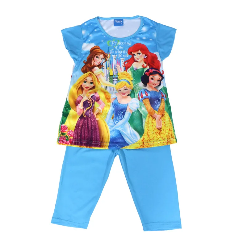 2024 New Casual Children's Summer Short Sleeve Pajamas Disney Princess Cartoon Suit Girls Set Clothes Kids Pajamas Costumes