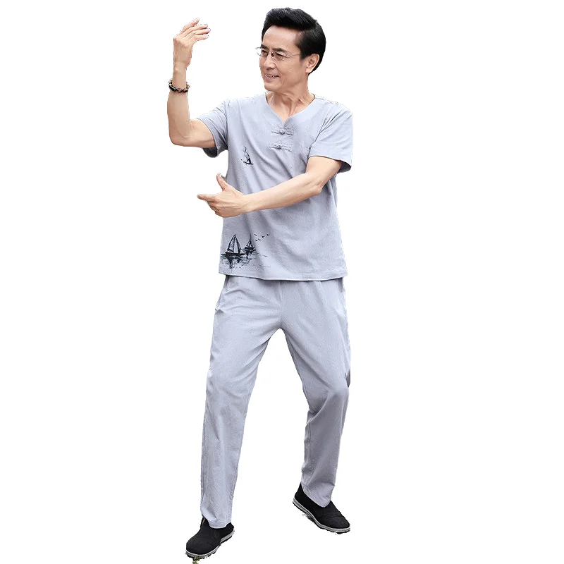 

【T-shirt + Trousers】Men's Tang Suit Set New Summer 100% Cotton Park Walk Casual Sports Traditional National Costume Comfortable