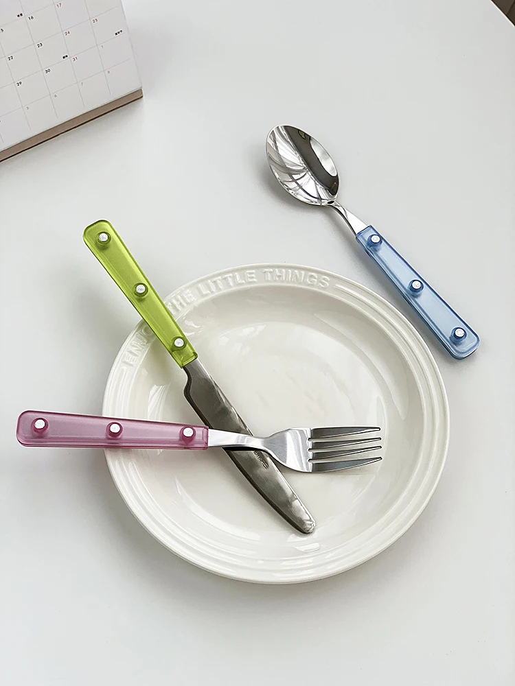 Anmuli Stainless Steel Frosted Transparent Macaron Colored Western Dining Utensils Fork Spoon Combination Commercial Use Chil...