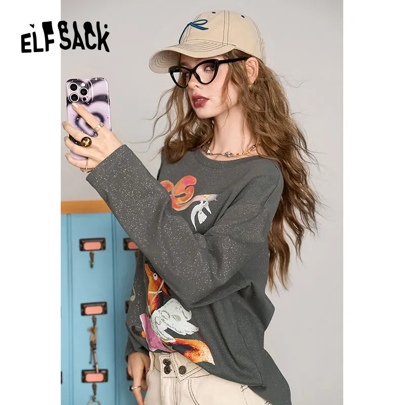 ELFSACK 2024 Autumn New Arrive Dark grey fox print silver loose versatile Korean style long sleeve T-shirt for women